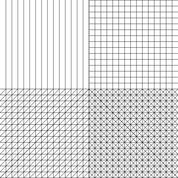 Space divided into four quadrants with each quadrant adding another
      of the four line types: vertical horizontal, slanting right, and slanting
      left 